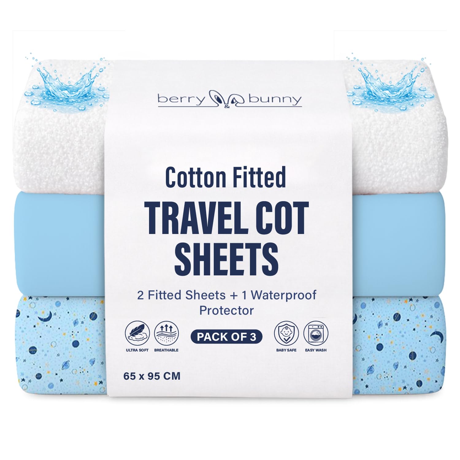 Berry & Bunny 3 Pack Travel Cot Sheets 95 x 65 cm – 100% Cotton 2 Fitted Sheets & 1 Waterproof Mattress Protector Cover – Soft Breathable Bedside Baby Cot Sheets for Baby Mattress – Blue Galaxy