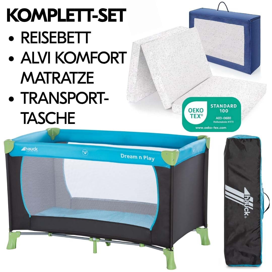 Hauck Baby Reisebett Set Dream n Play mit Matratze - Blau Waterblue