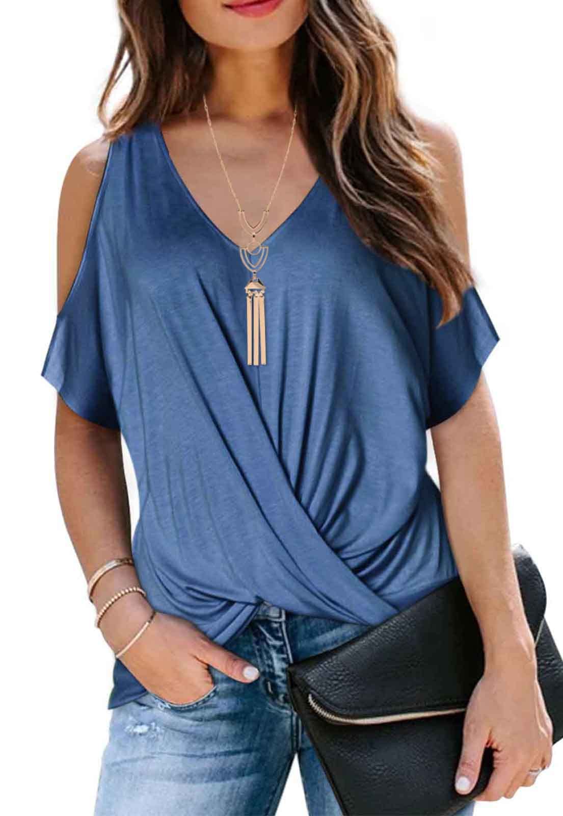 LEIYEE Top estivo da donna con spalle scoperte a maniche corte con nodo a V e scollo a V