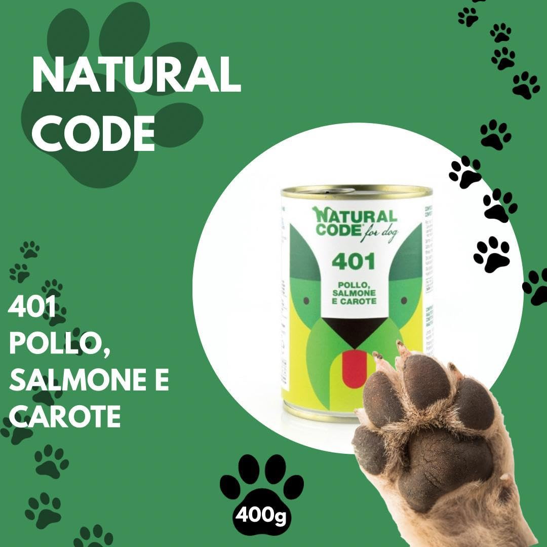 Natural Code - Comida húmeda para perro número 401 con sabor a pollo, salmón y zanahorias, alimento completo para perros adultos de todas las tallas y razas, en lata, 6 latas de 400 gramos cada una, 6
