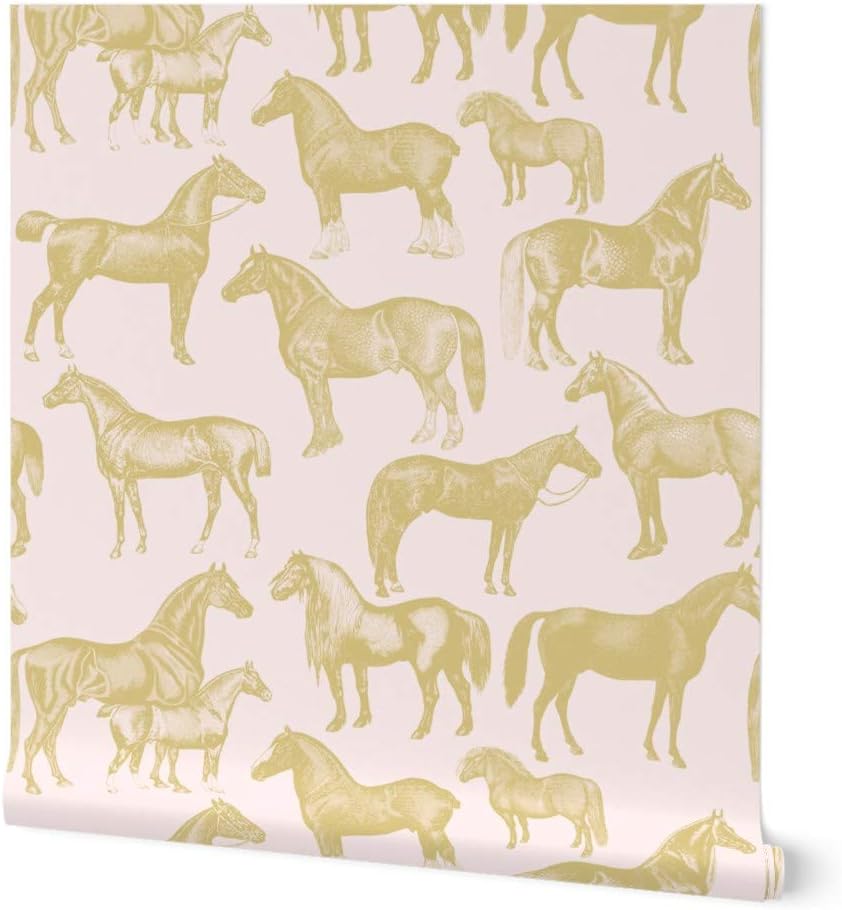 Peel & Stick Wallpaper 3ft x 2ft - Pink Gold Horses Horse Pony Equestrian Pattern Custom Removable Wallpaper by Spoonflower