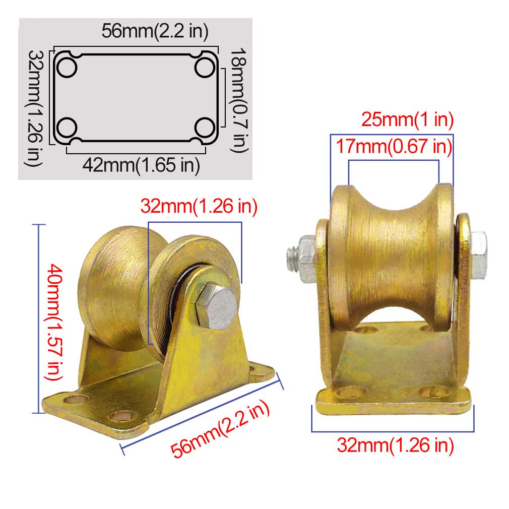 Lenkrollen, Räder 4 U-Nut-Stahl-Lenkräder, robuste starre Räder, Scheiben-Richtungslaufrolle, Gold, for Industriemaschinen, Schiebetüren, Rolltore, Drahtseilschienen (50 mm/2 Zoll)(32mm/1.25in)