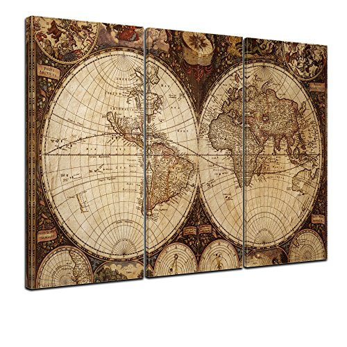 Impression d'art - Mappemonde Vintage - Image sur toile - 150x90 cm 3 pcs - Toile photos - Murale de BildTerrepot24 - Urbain & Graphique - Terre -...