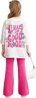 Girl's 2 Piece Outfit Floral Letter Print 3/4 Sleeve Round Neck Tee and Flare Leg Pants Set