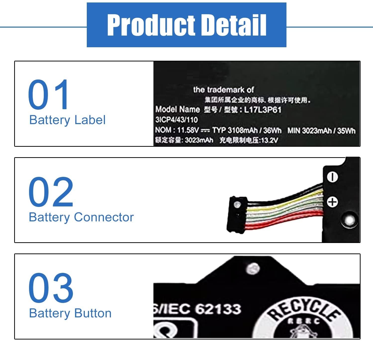 L17L3P61 - Batteria di ricambio compatibile per Lenovo Ideapad Yoga 720-12IKB 330-11IGM 320S-13IKB Flex 6-11IGM serie 7000-13 Notebook L17M3P61 L17C3P61 11,58V 36W/3108 3 celle mAh