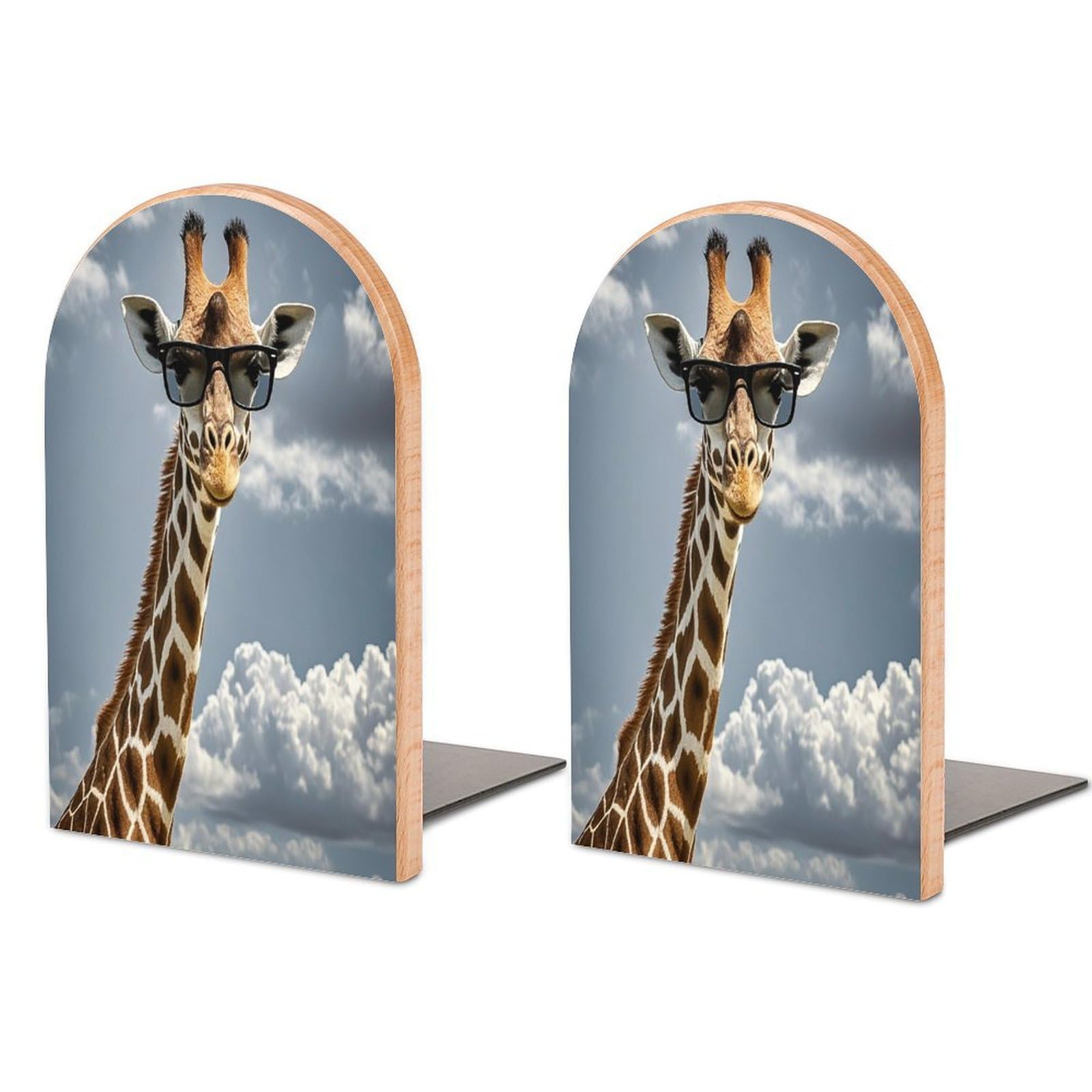 Giraffe Wearing Sunglasses Bookend for Shelves Wooden Book End Sturdy Book Holders Stoppers with Metal Base for Bookshelves Slick Decorative Bookends Stands