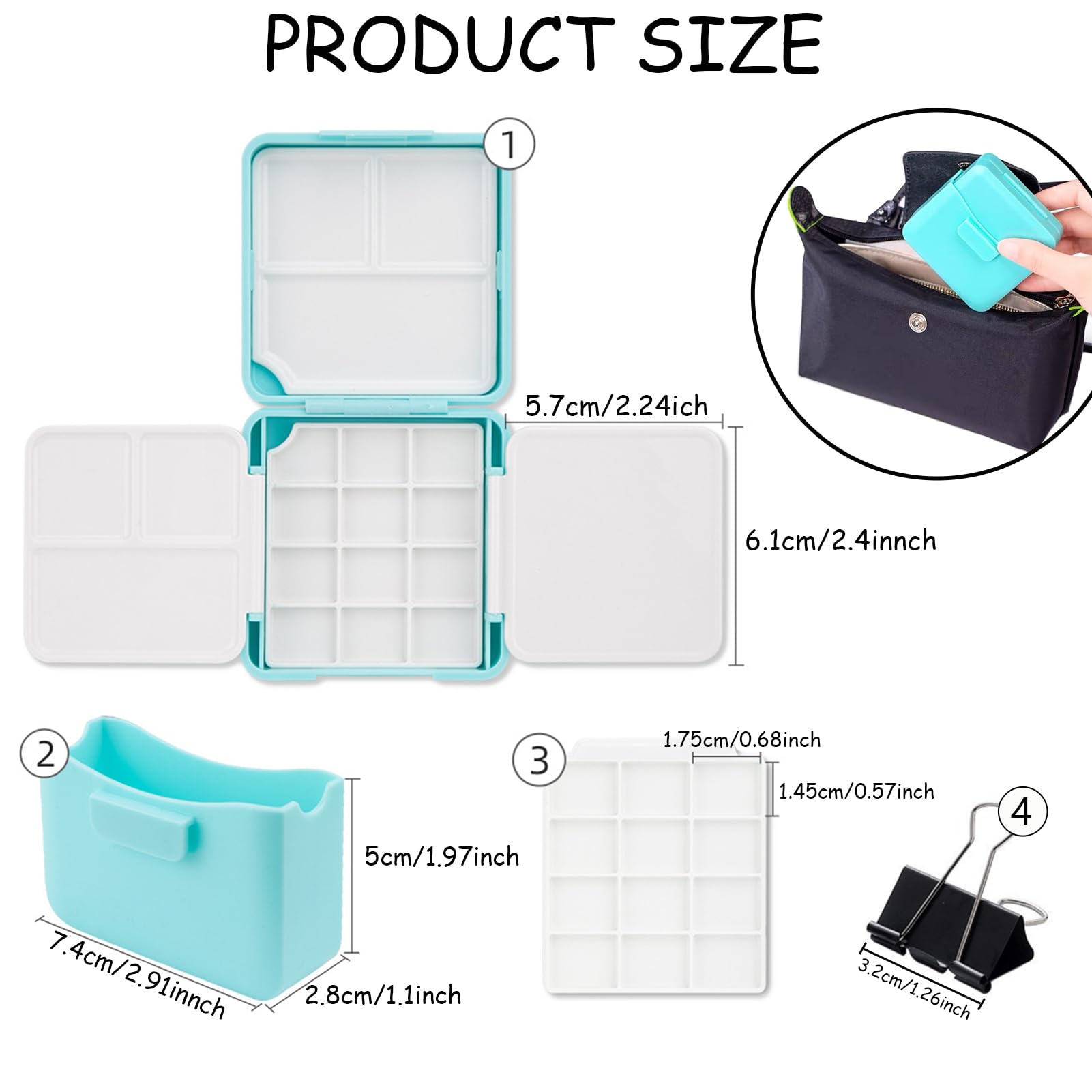 Portable Empty Watercolor Palette, 24 Wells Empty Paint Palette Box Mini Size with 2 Foldable Palettes,Water Container and Metal Clip for Travle