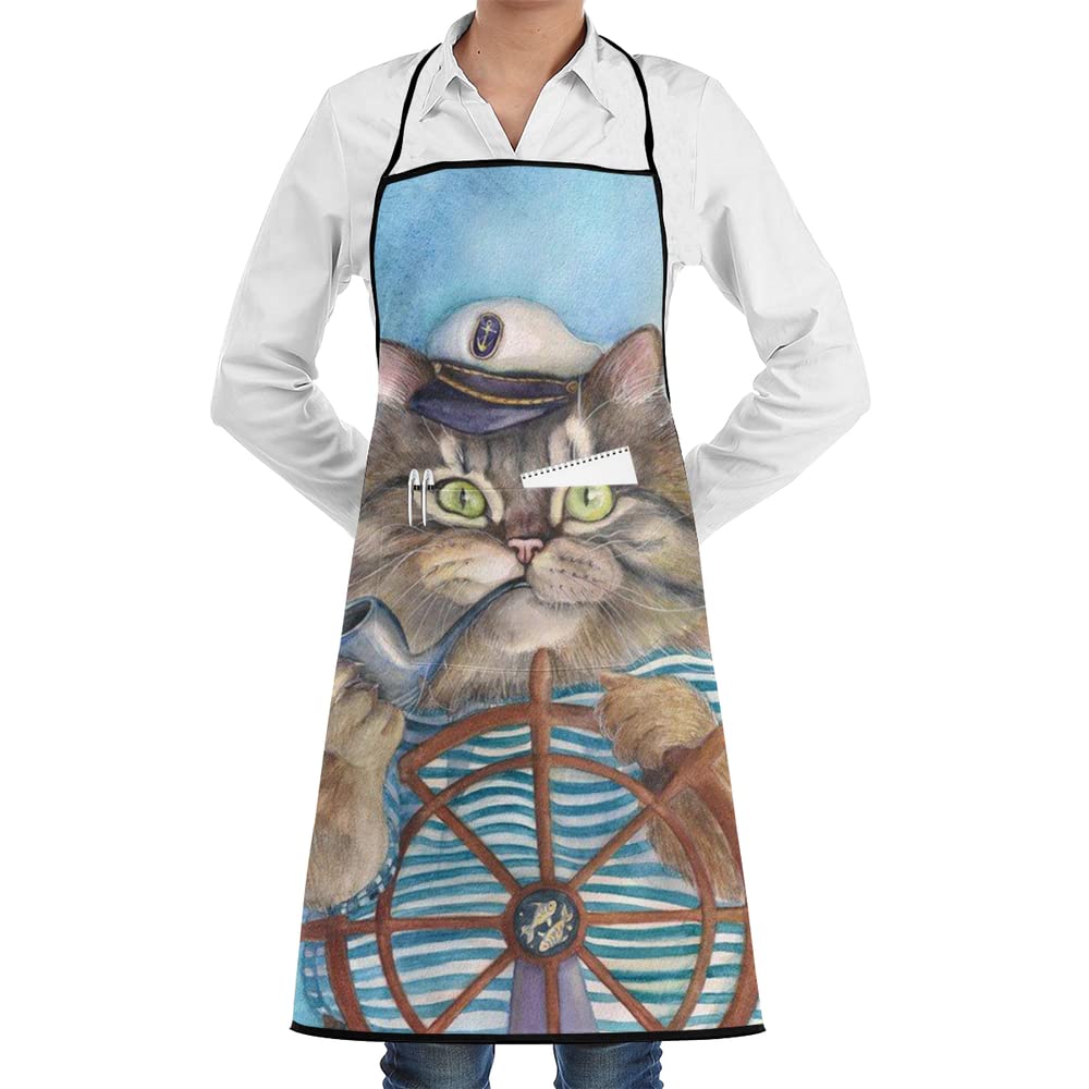 Captain Cat Smoking Pipe Steer A Boat Funny Fish Chef Apron With Pockets Grill Aprons For Women Men Kitchen Cooking Baking BBQ