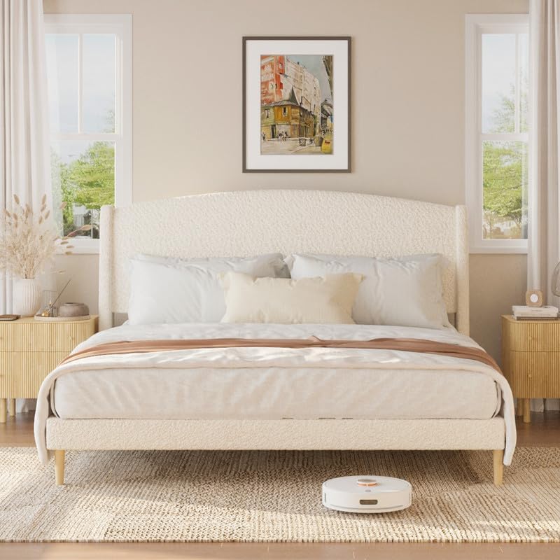 Queen Size Bed Frame with Wingback Headboard, Boucle Upholstered Platform Bed, No Box Spring Needed, 6" Under-Bed Storage, Easy Assembly, Beige