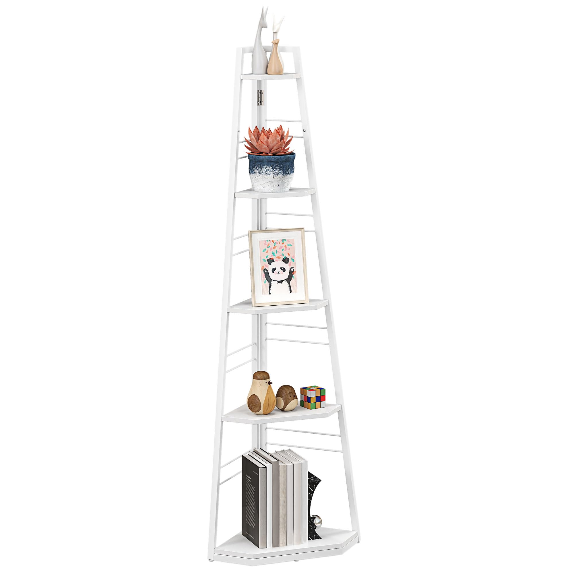HOMCOM 5-Tier Corner Shelf, Pentagonal Storage Shelves with Foldable Steel Frame and Adjustable Feet for Living Room, Study, White