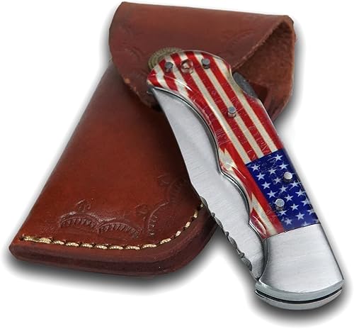 KIMPE Cuchillo de bolsillo plegable de acero inoxidable hecho a mano con funda de cuero y mango acrílico antideslizante para caza de supervivencia