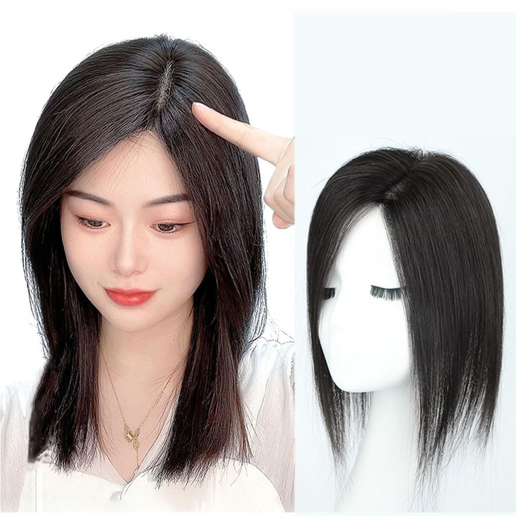 U-Part Silk Base Real Human Hair Topper Side Part Clip in Hairpiece Straight Seamless Wiglet Replacement for Women Hair Loss (Left Part, 32cm, Mocha brown)
