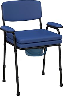 HOMCOM Silla perforada inodoro, silla de inodoro antideslizante, 5 en 1 multifunción, con cubo extraíble, altura ajustable con respaldo, asiento y reposabrazos acolchados, azul