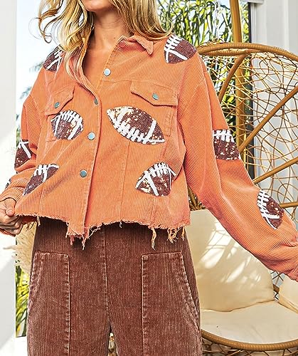 utcoco Women's Vintage Cropped Corduroy Jacket Frayed Hem Rugby Sequin Shacket Jacket4