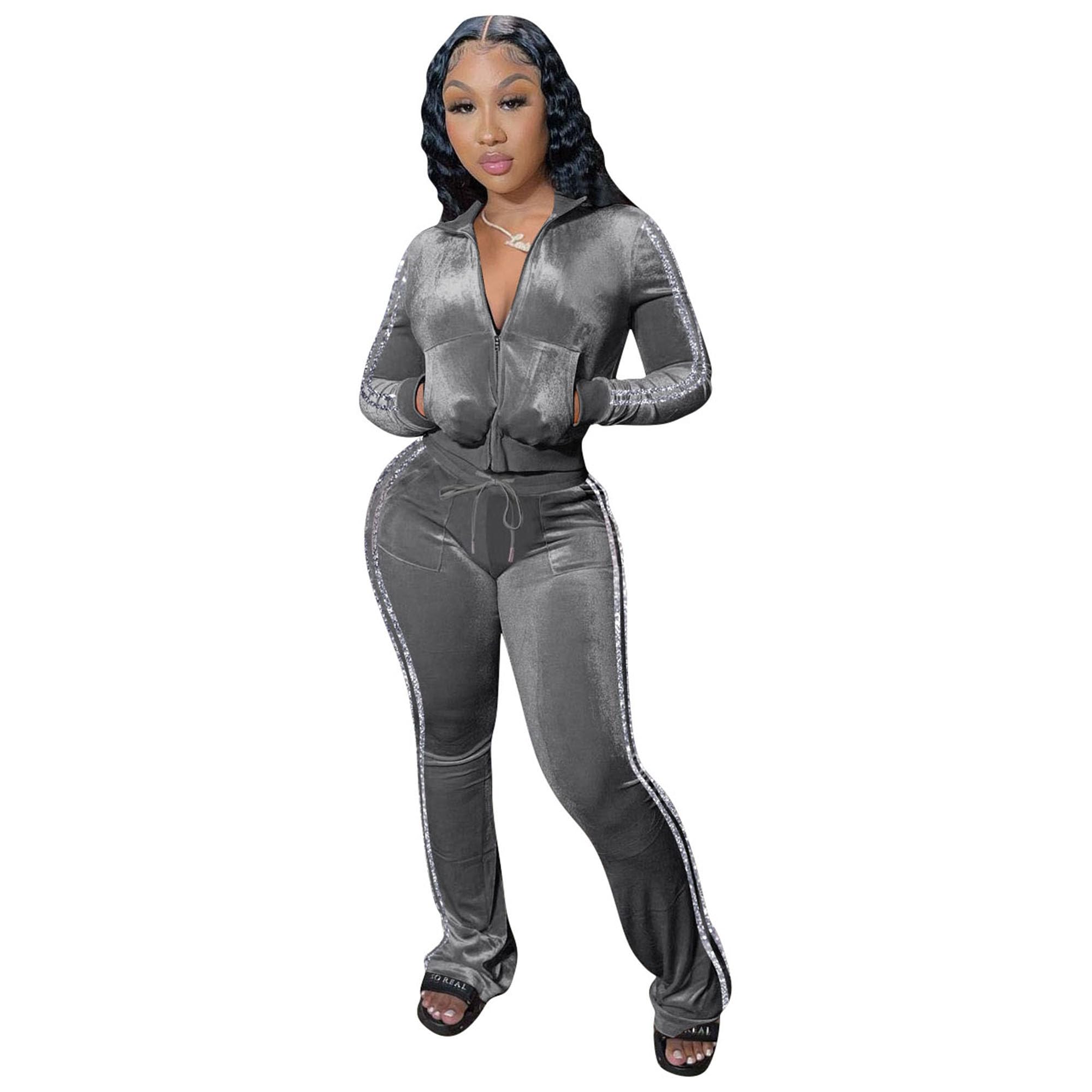 yidengymx Womens 2 Piece Velour Tracksuit Two Piece Outfits for Women Long Sleeve Zip Up Crop Tops Sweatpants Sets Pockets Side Patchwork Glitter Stripe-grey X-Large