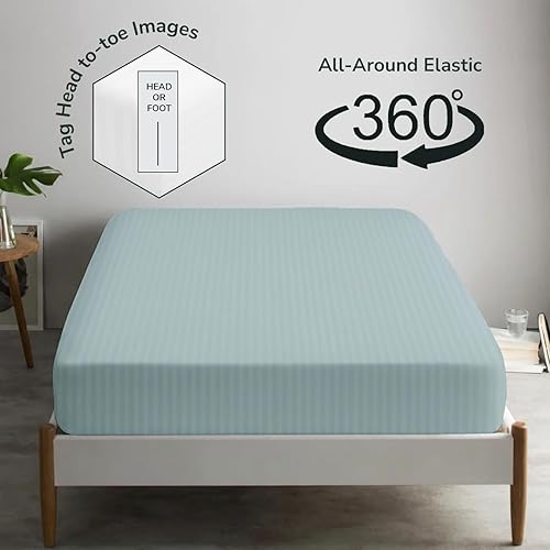 Miniatura 4 de Feather & Stitch - Sábana bajera ajustable de 100 % algodón, tejido satinado de damasco, transpirable a rayas, sábana elástica para colchón de 18