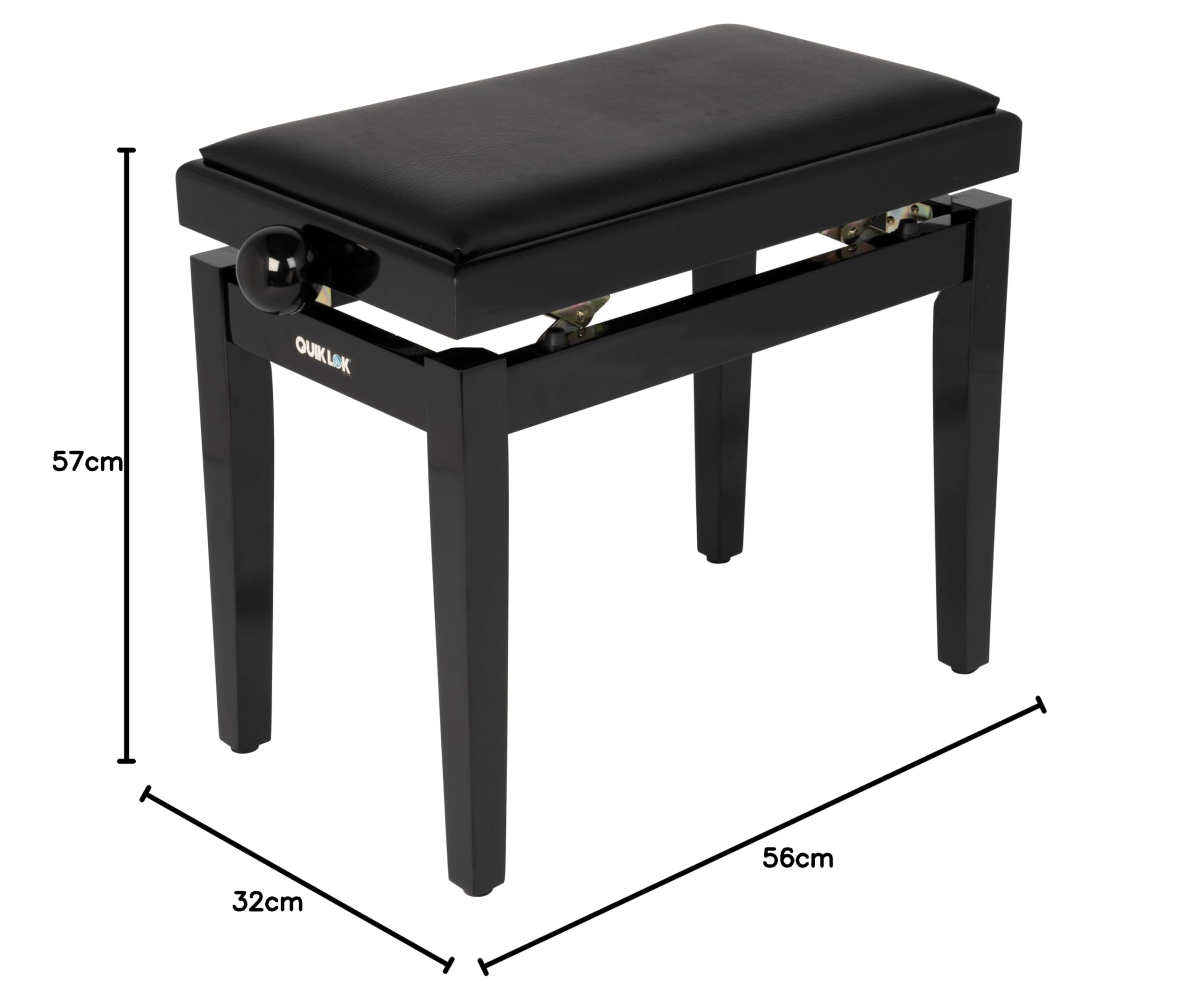 QUIK LOK - PB/100 BK L Klavierbank aus Holz, Schwarzer Sky-Sitz, Robuster Bezug, Höhenverstellbar 48–57 cm, Version in Hochglanz-Schwarz-Finish