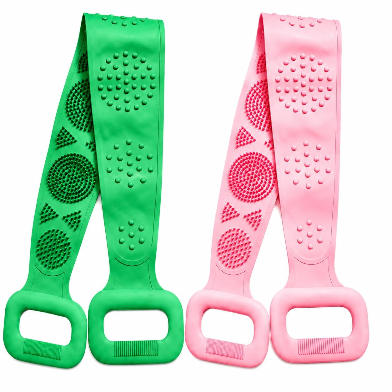 silicone back scrubber belt for bath, pack of 2, pink and green | dual-sided texture, long reach strap, loop handles, deep cleansing, bath exfoliator