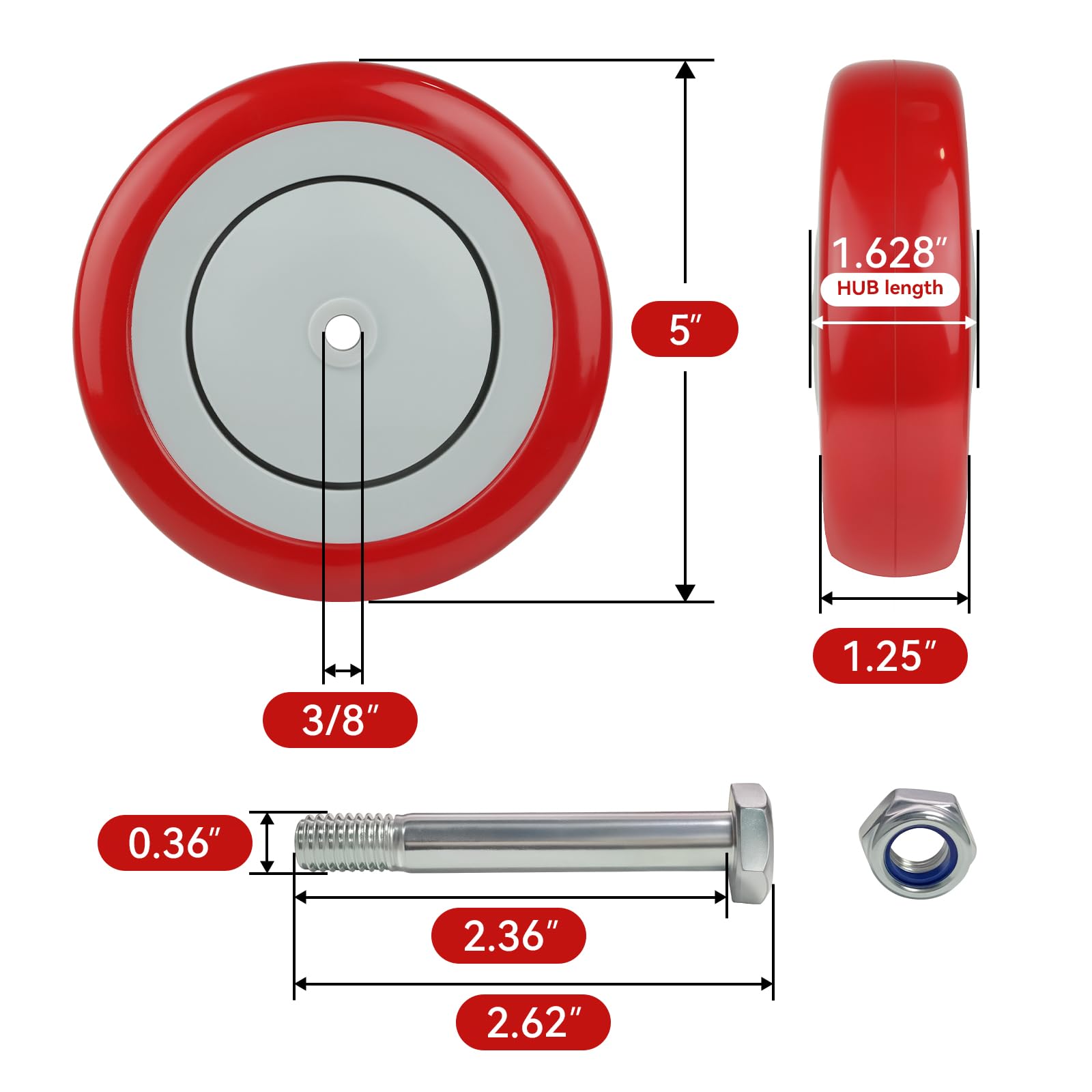 Koła 12.7 cm do koszyka, oś 3/20.3 cm, poliuretanowe, kółka zastępcze, 544 kg całkowita pojemność (4 sztuki, otwór 3/20.3 cm, czerwone)