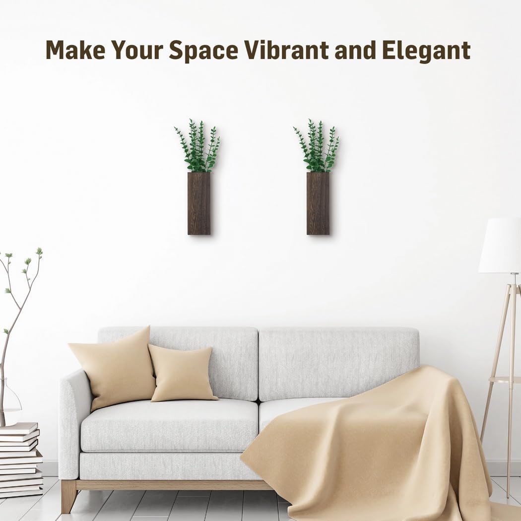 Paire de supports muraux en bois avec faux eucalyptus pour fleurs séchées