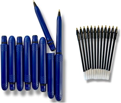 Pokka Blue Pen 8-Pack with 12-Pack of ink refills - USA Made Pocket Pen with refillscompact, affordable, lightweight, EDC black ink ballpoint penwaterproof, floatscarries small, writes big