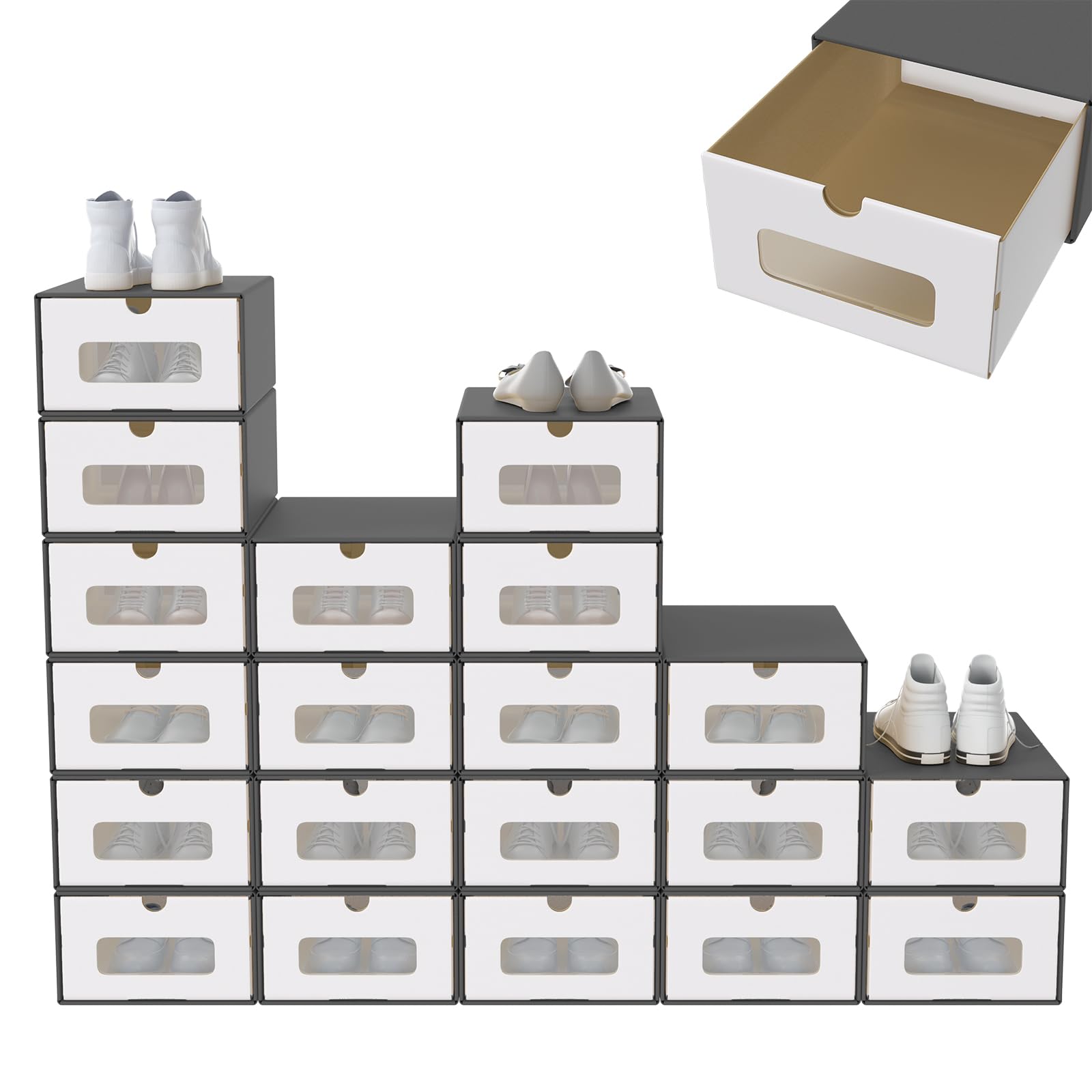 SAILUN Stackable Shoe Storage Boxes, 20 pcs Foldable Kraft Cardboard Shoe Boxes with Lid & Clear Window, Space Saving Shoe Organiser for Trainers, Boots & Heels (Anthracite)