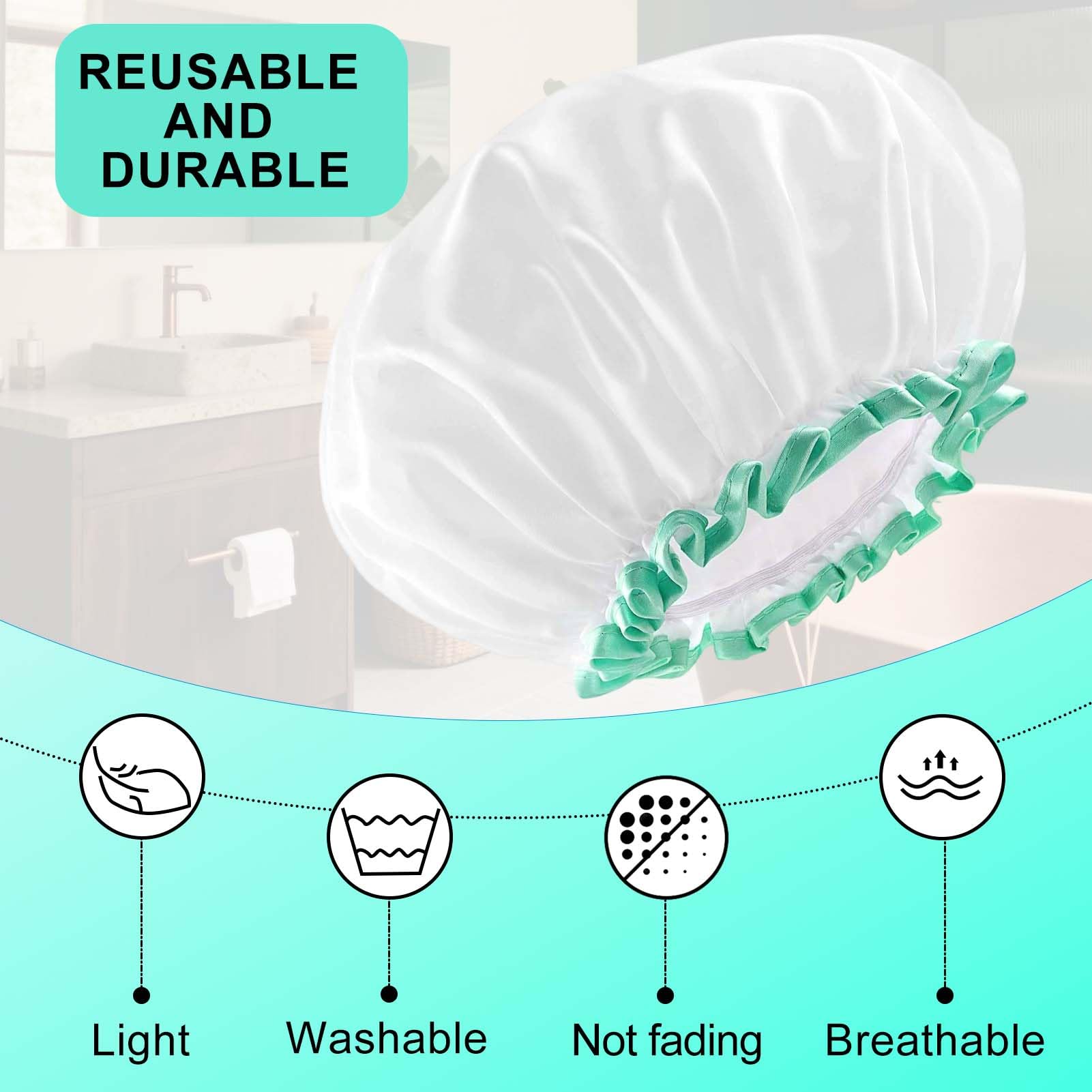 Reusable Waterproof Shower Cap for Women with Long Hair Large 12 Inch Double-Layer Bath Cap with Elastic Band - Image 4
