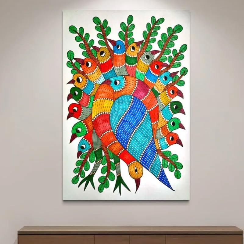 Gond art inspired bird and tree pre-drawn canvas set