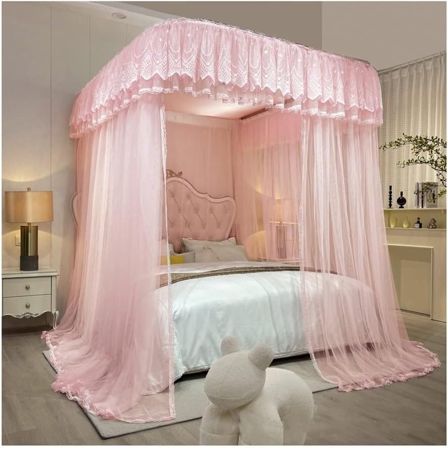 Moustiquaire de lit baldaquin 200x220 rose grand rideau lit été armature métal
