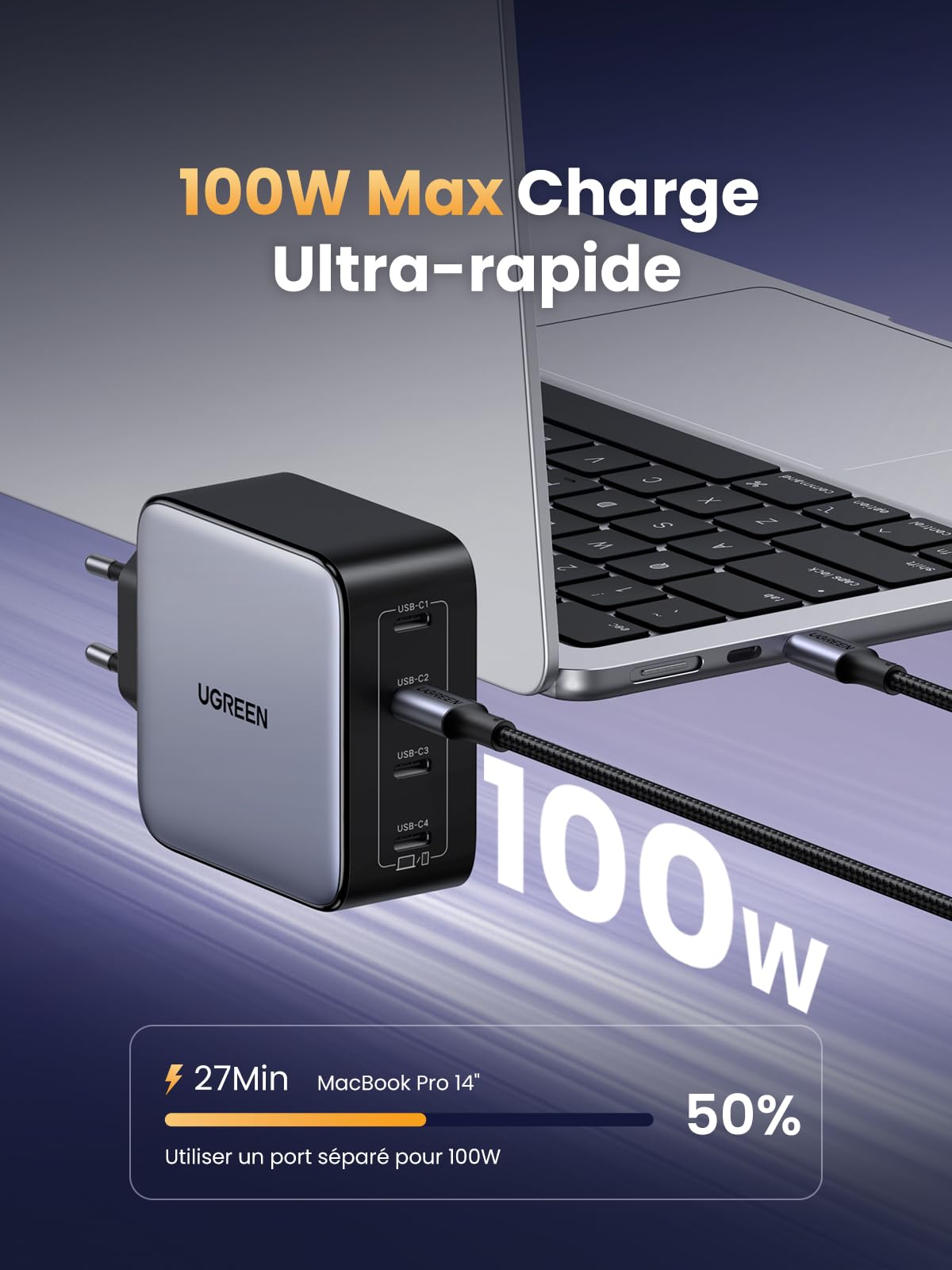 UGREEN Nexode 100W Prise Chargeur Quadruple USB C Charge Rapide GaNInfinity