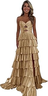 Layered Strapless Prom Dresses for Women Sparkly Evening Gown with Slit ...