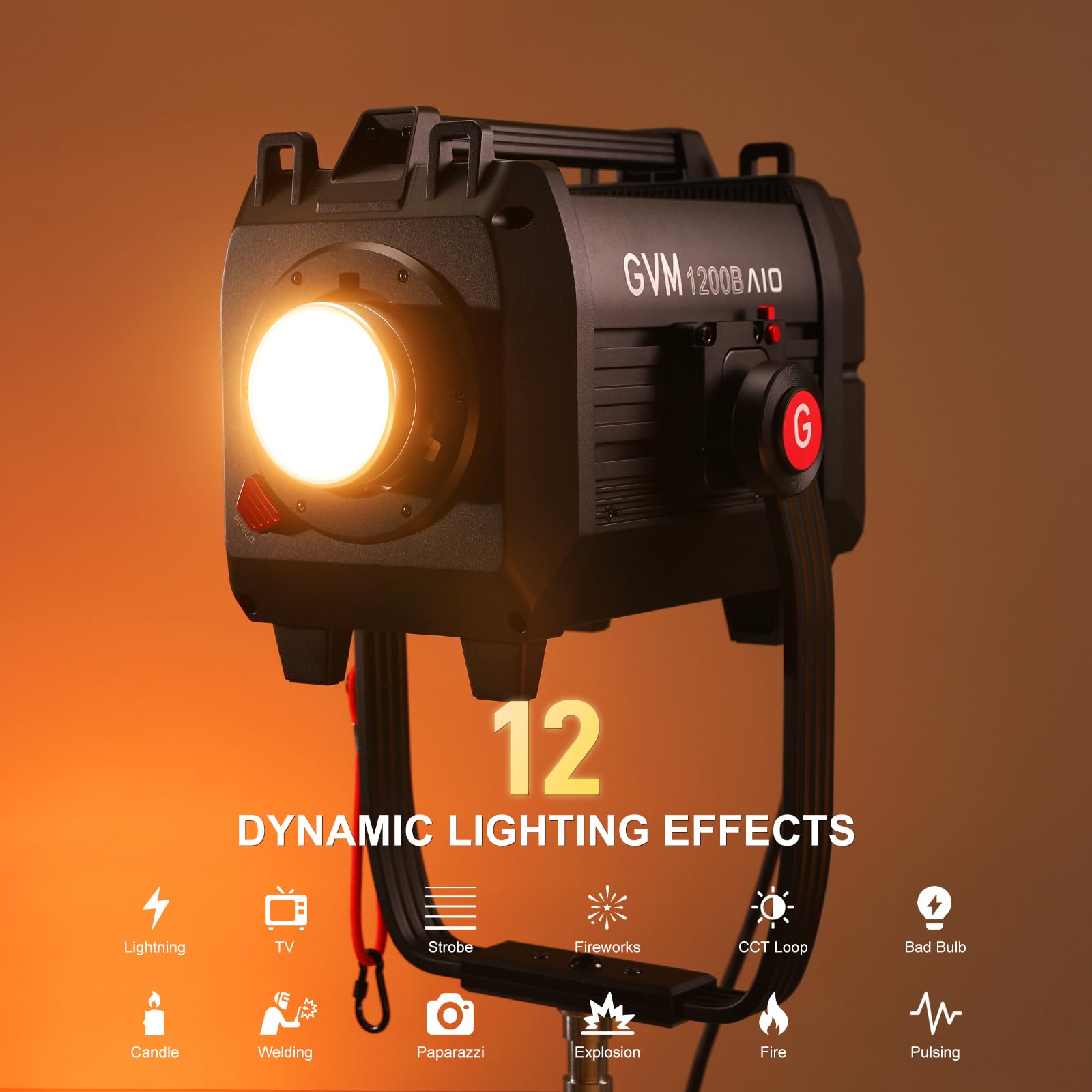 GVM - Luce video a LED da 1200 W, kit di illuminazione per film AIO 1200B, kit di illuminazione fotografica 42800lux/3 m con controllo DMX, illuminazione video in uscita continua per produzioni TV