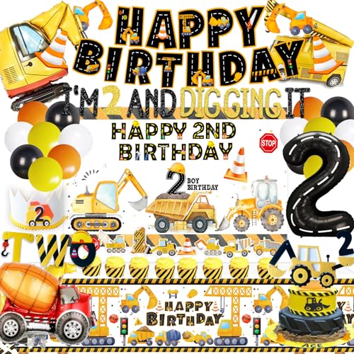 Image of Construction Birthday Party Supplies for 2 Year Old Boy, 2nd Birthday Decorations For Boys, include- Backdrop, Cake, and Cupcake Toppers, Balloons, Cupcakes Wrappers, Banner