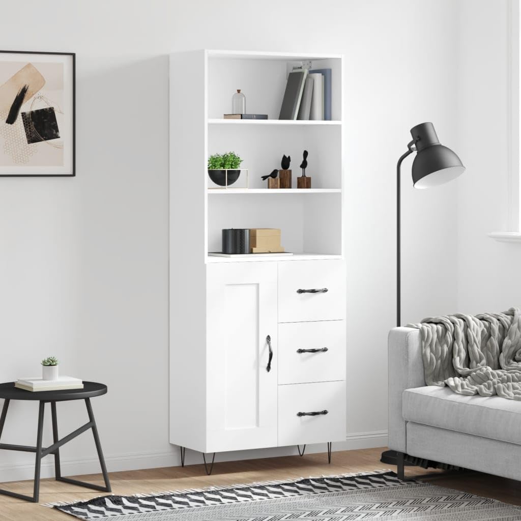 Bufet wysoki biały 69,5x34x180 cm, szafka do przechowywania z drewna inżynieryjnego z drzwiami i metalowymi nogami, duża przestrzeń do przechowywania w eleganckim wnętrzu