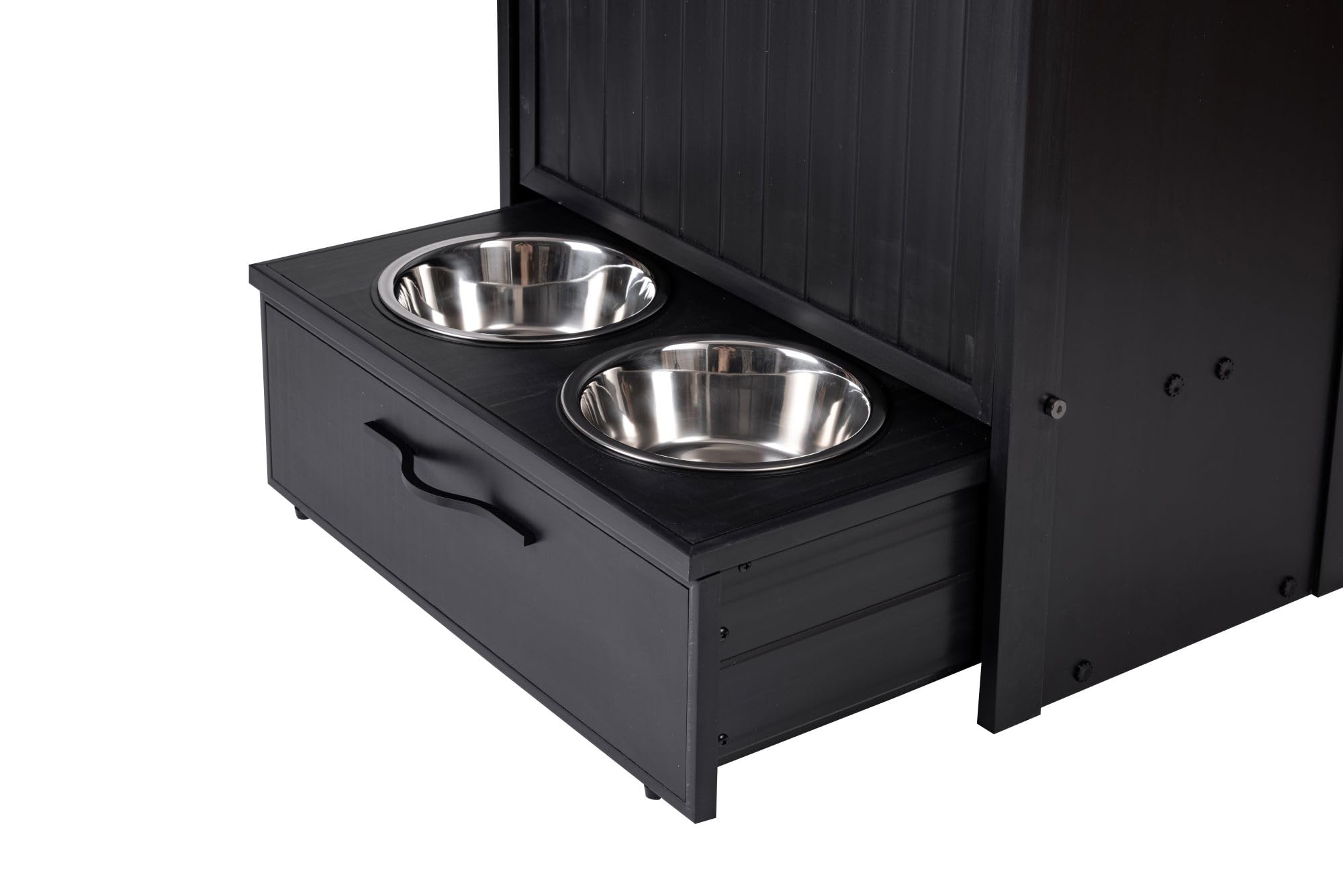FINCA CASAREJO Armario comedero para Mascotas LUISIANA - con cajón para Almacenamiento de pienso - Dos Cuencos de Acero Inoxidable accesibles para Perros y Gatos - 36,4x58,4x83,2cm (Negro)