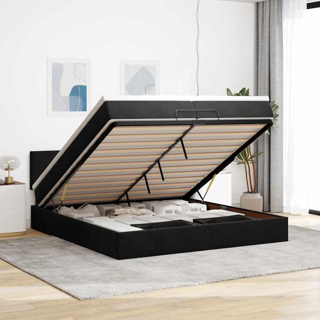 Cama otomana de 200 x 200 cm, terciopelo negro con colchones, almacenamiento hidráulico, cabecero regulable en altura