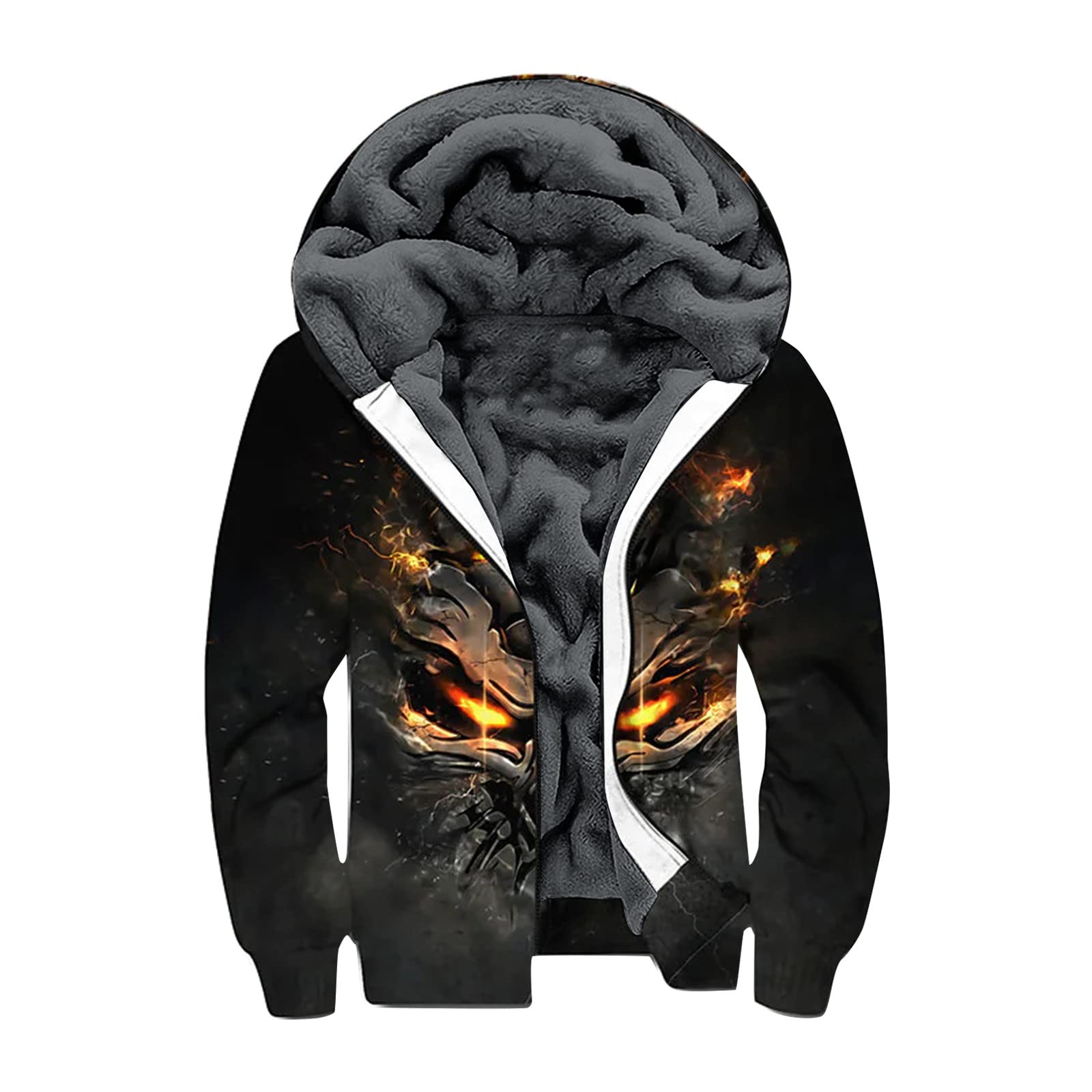 LuvlC Jackets For Men,Plus Size Cool Graphic Skeleton Jacket Zip Up With Hood,Thicken Flannel Warm Winter Coats Outwear