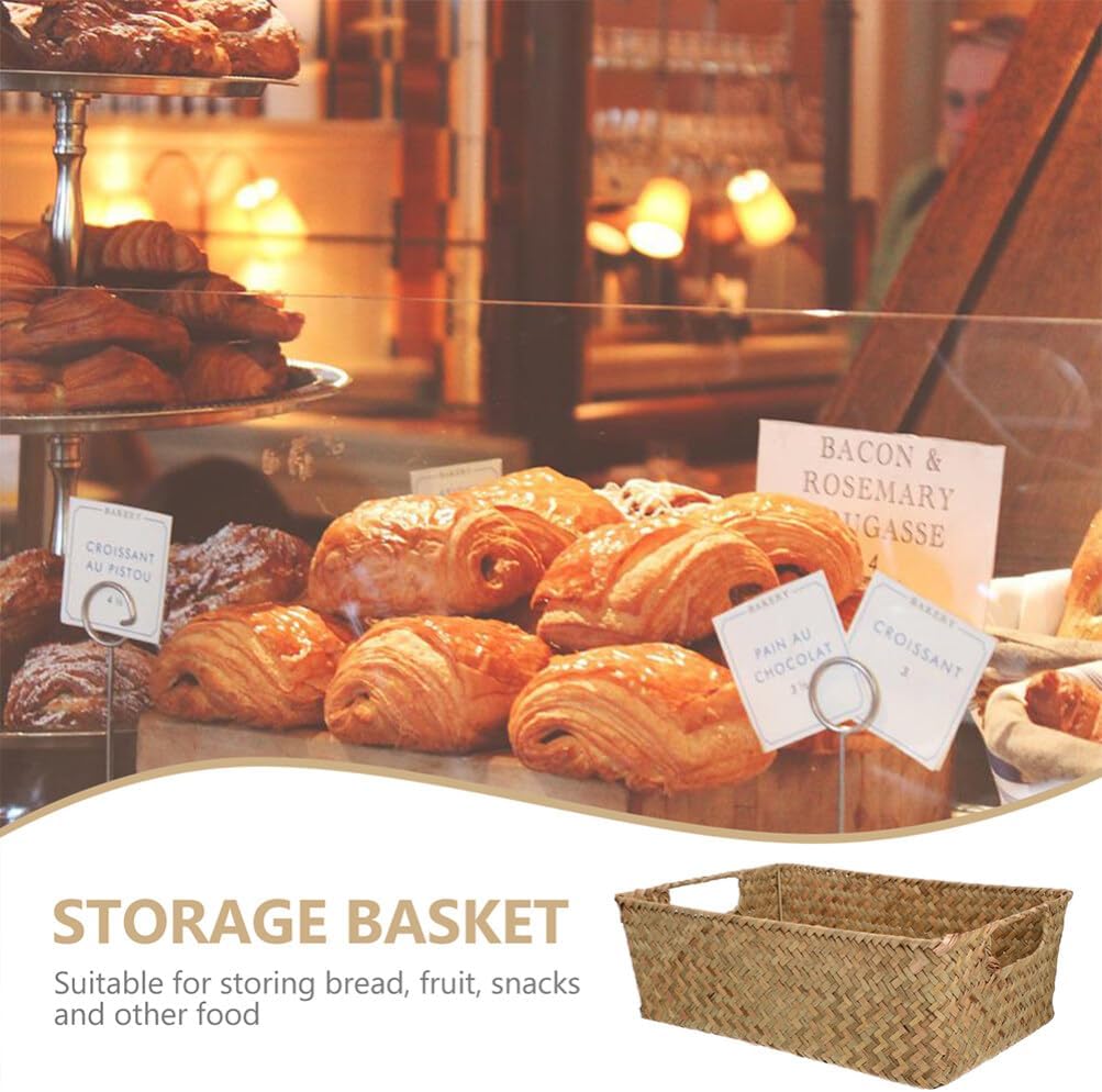 HEMOTON Rattan Storage Basket with Handle Rectangular Woven Fruit Baskets Wicker Bread Basket Snack Container Laundry Bin Basket for Table Countertop