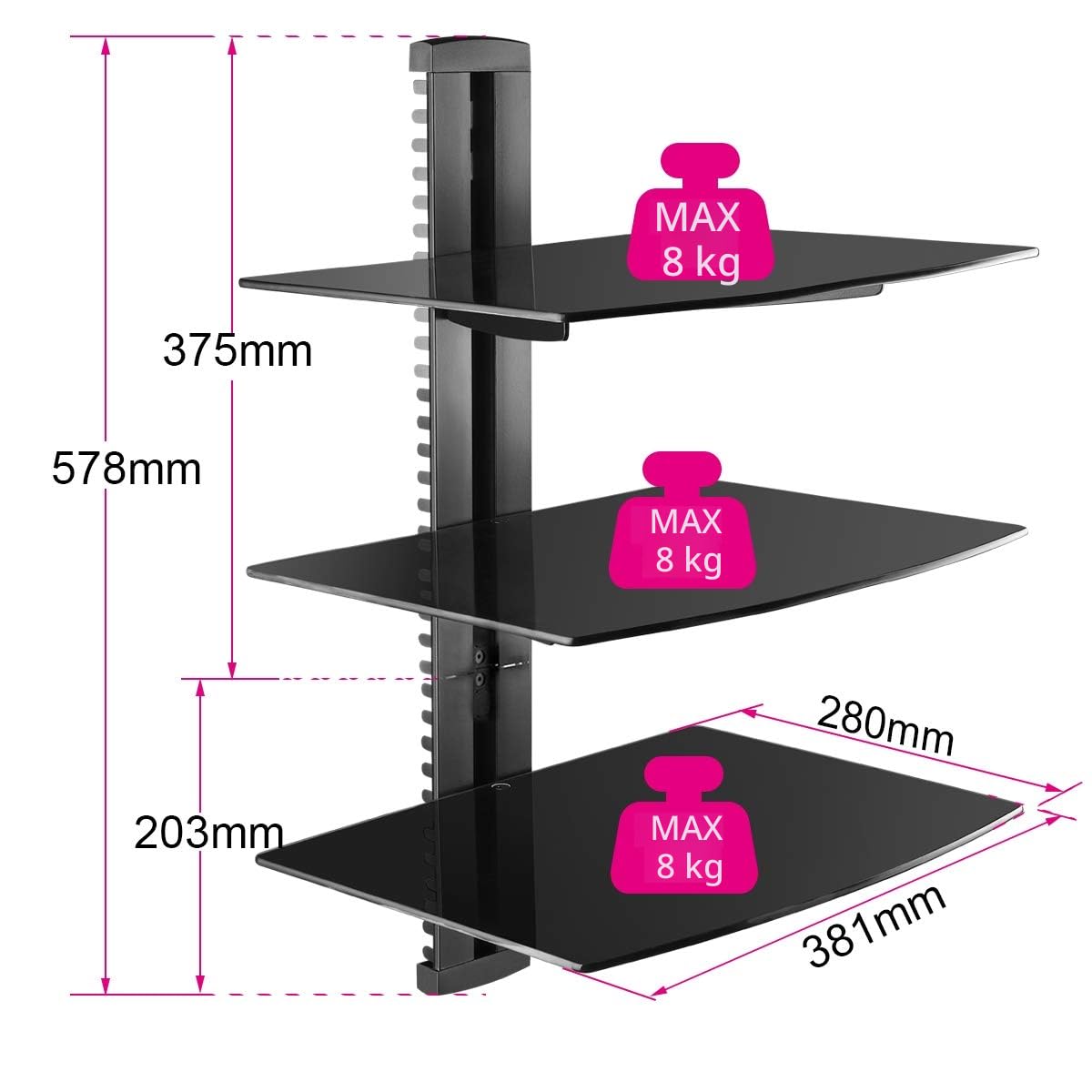 suptek Supporto da Muro Staffa da Parete Scaffale di Vetro Mensola Multimediale per Lettori DVD, Cavo cassette, Giochi console, TV Accessori Con 3 Ripiani Sospeso in Vetro,CS303,Nero
