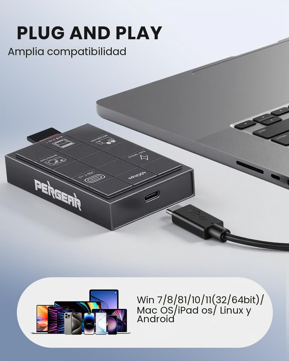 PERGEAR Lector de tarjetas profesional CFexpress 4.0 tipo A, USB tipo C 40 Gbps, tipo C a CFexpress tipo A+B 2 en 1, transferencia de alta velocidad para Windows/Mac/Linux/Android/iPad