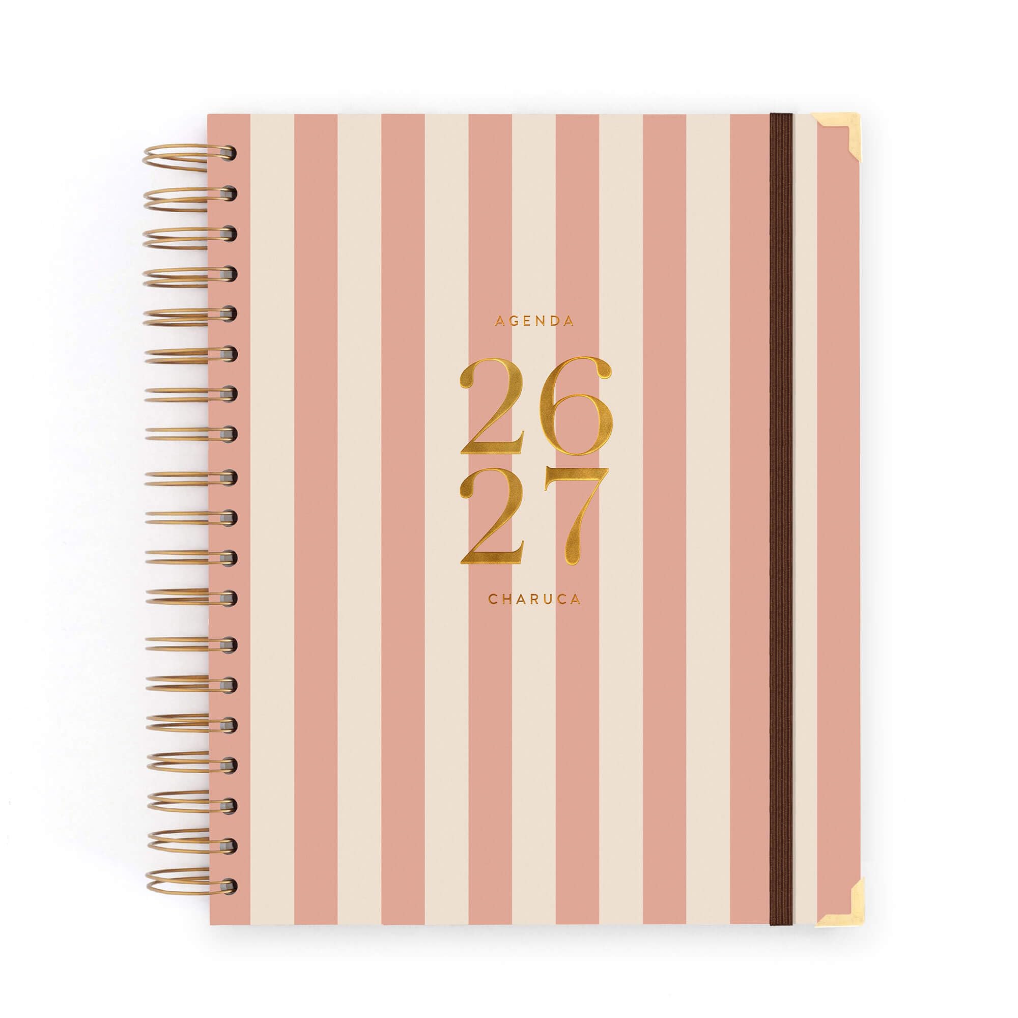 Charuca Akademischer Terminkalender 2026-2027 TAGESANSICHT – Hardcover mit Golddetails, Großes Format – Inklusive schützender Stofftasche und Lesezeichen (Rayas Pink)