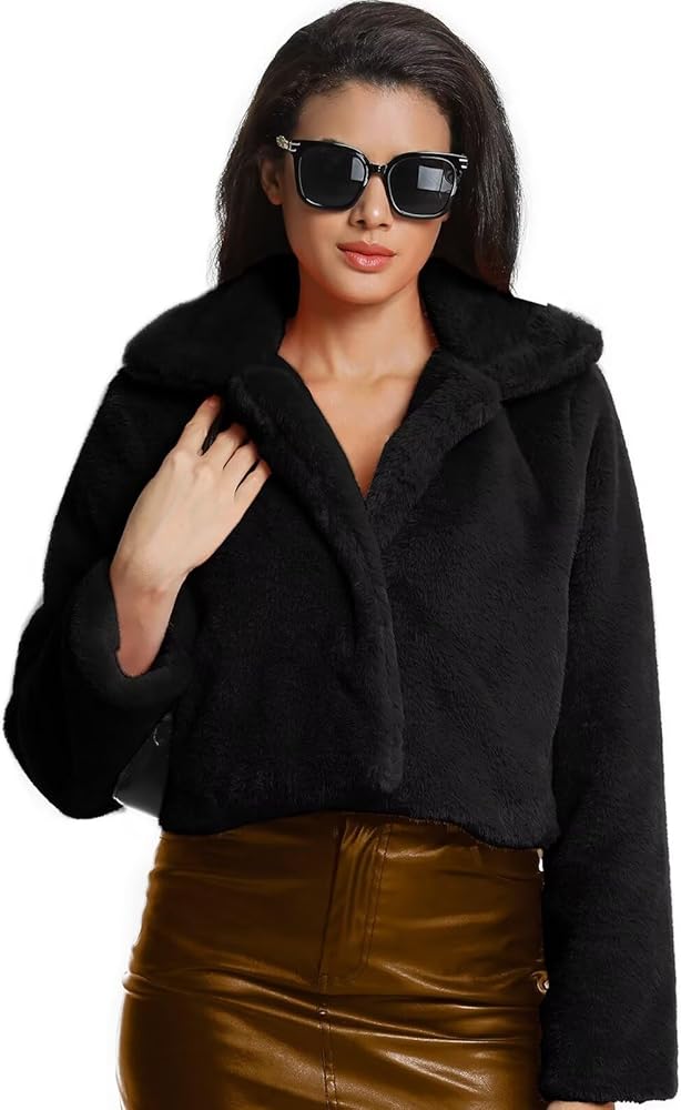Jsslaik Women's Cropped Faux Fur Jacket with Hidden Pockets and