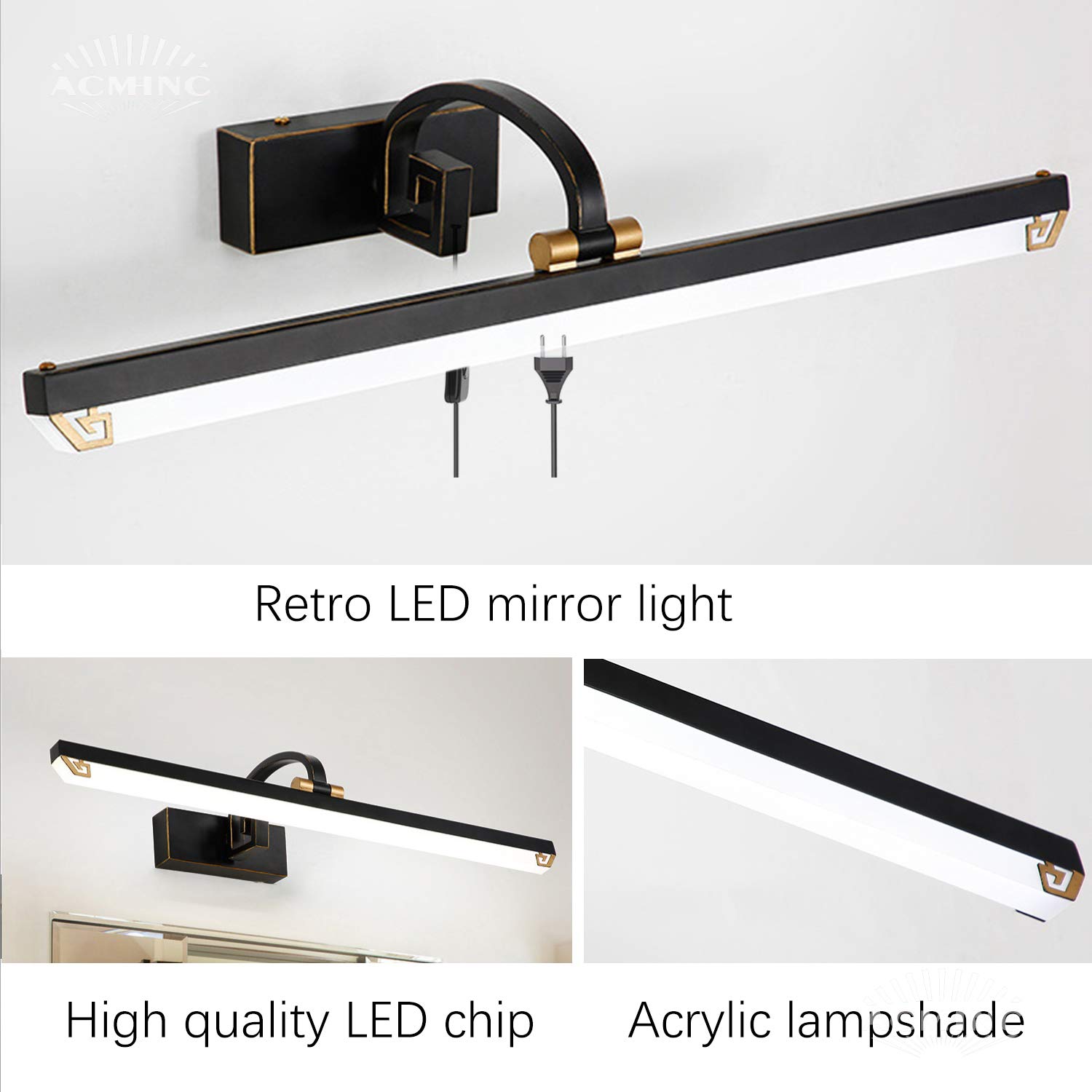 ACMHNC LED Badezimmer Spiegelleuchte Mit Stecker Und Kabel, IP44 Vintage Badleuchte Mit Schalter, Schwarz Antik Spiegellampe Bad Wandleuchte 4000K Schminklicht Für Spiegel Schminktisch,71cm/14w