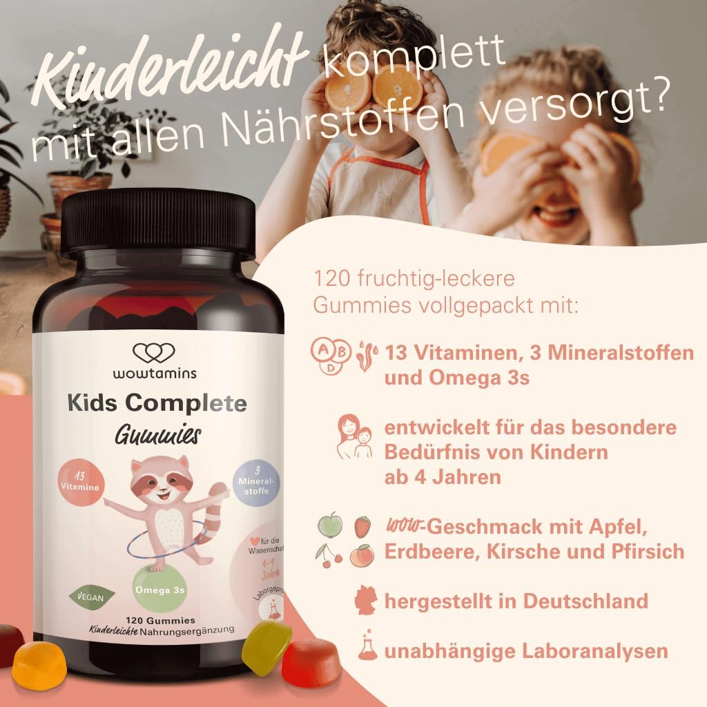 wowtamins Kids Complete - Vegane Multivitamin Gummies mit Omega 3 (30-Tage-Vorrat) - Vitamine für Kinder - Nahrungsergänzungsmittel für das Immunsystem mit Vitamin C, D3, B12, Zink & mehr
