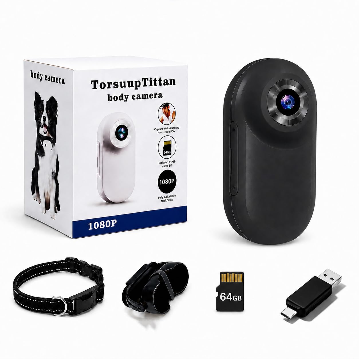 View 1 of 1080P Dog & Cat Camera Collar with 64GB Card, Mini Wearable POV Camera for Humans, Wireless Pet Cam for Video/Photo, Portable Sport Action Camera with Multi-Mount Accessories for Vlogging & Pets