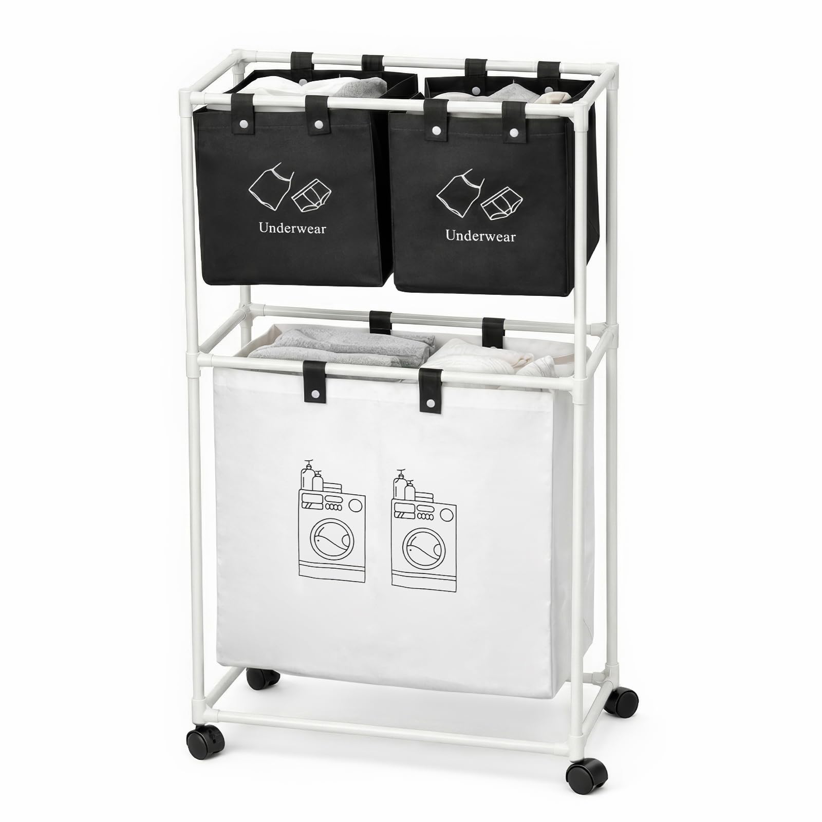SUNNYNEST Double Layer Laundry Basket with 3 Detachable Bags, Clothes Sorting Hamper with Storage Rack – Rolling Laundry Organizer for Dirty Clothes & Laundry Supplies (White M)