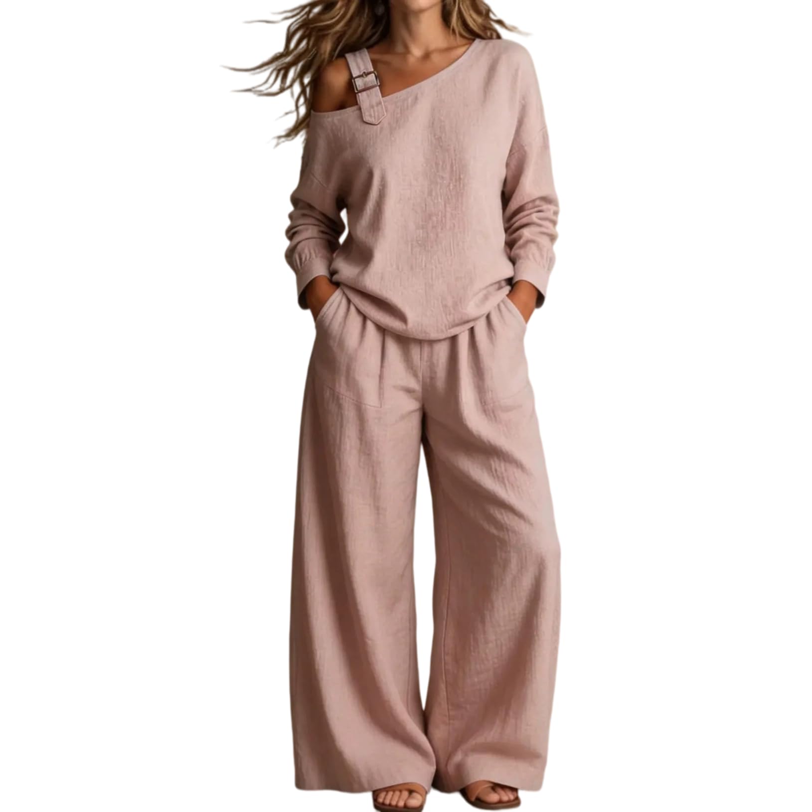 Conjunto De Dos Piezas Para Mujer Con Hombros Descubiertos: Top De Manga Larga Con Un Solo Hombro Y Pantalón De Pierna Ancha. Conjunto Elegante Y Relajado, Ideal Para Viajes, Vacaciones Y Uso Diari
