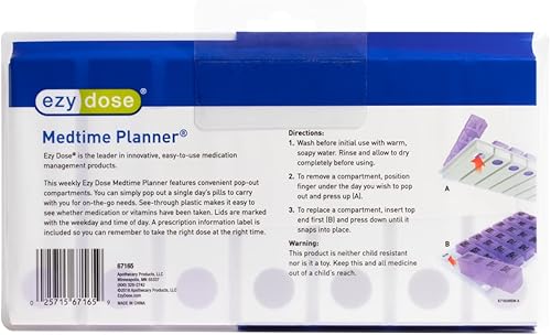 Miniatura 5 de Ezy Dose Travel 7-Day Pill Medicine Vitamin Organizer Box  Semanal 4 veces al día AM PM  Grandes compartimentos extraíbles  Tapas de colores surtidos