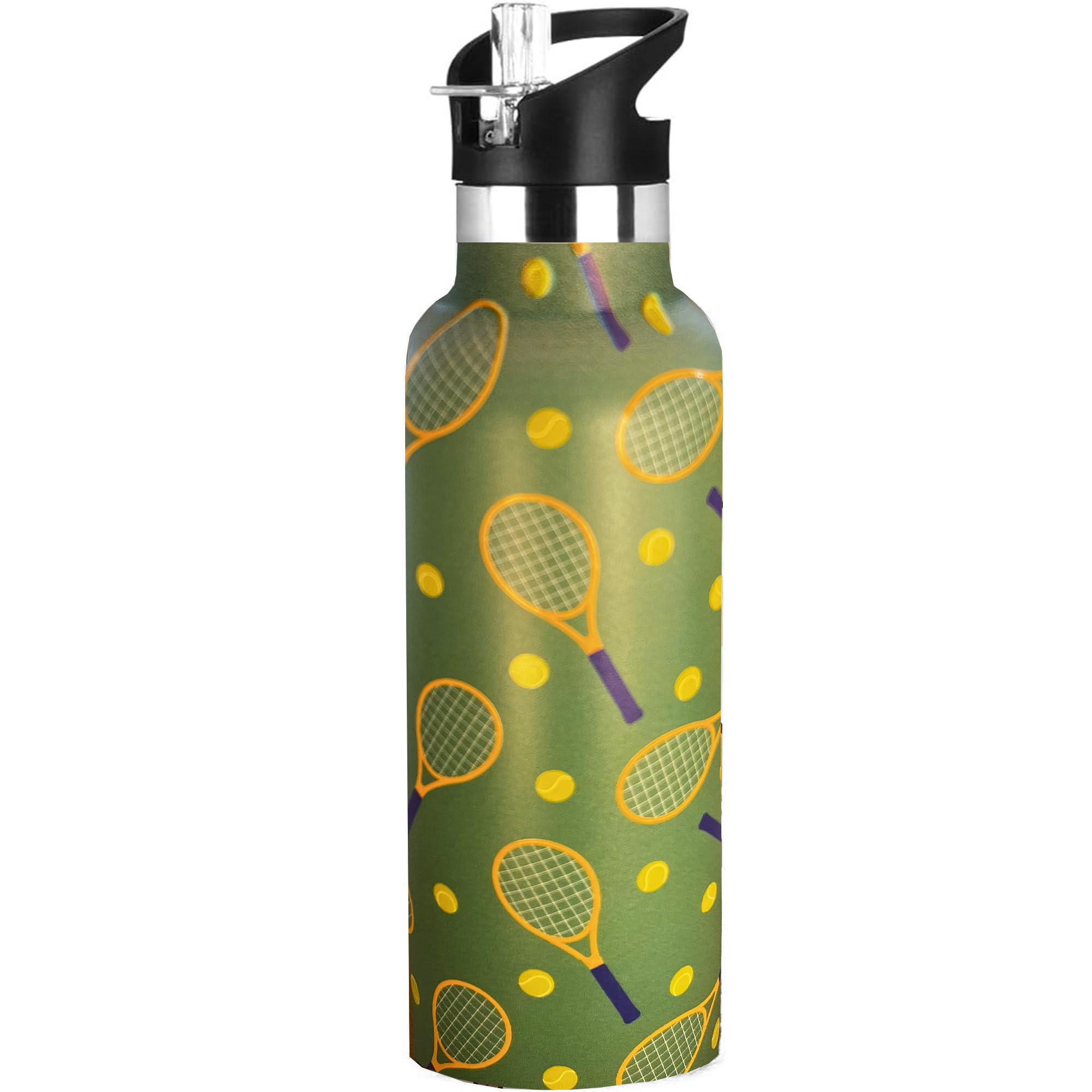 Regalos de tenis, botella de agua de tenis con tapa con pajilla, tazas de viaje de acero inoxidable aisladas para deportes, gimnasio al aire libre, 20 onzas