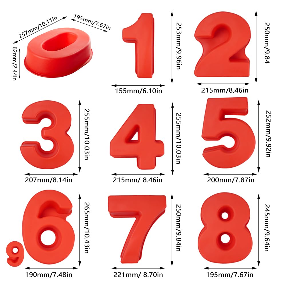 9 Pièces Moules à Gâteau 3D en Silicone 0-8 Number Cake Moule Rouge Moule à Gâteau Chiffre Moule Forme Grands pour Mariages Mariage Anniversaires Fêtes